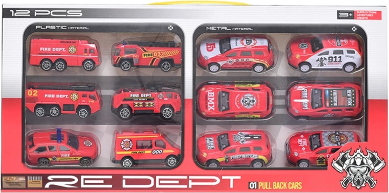 Sada hasičských autíček 12 ks s volným a zpětným chodem