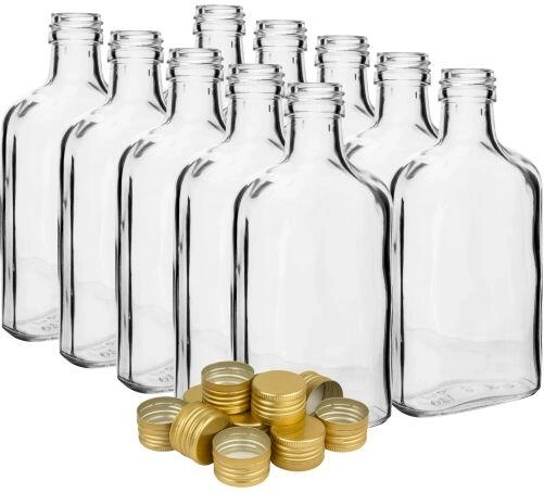 Skleněná placatka 200 ml s uzávěrem, čirá (balení 10 ks)