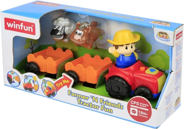 Traktor s přívěsem hrající a blikající