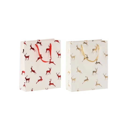 Vánoční dárková taška se soby, krémová, 18 × 24 × 8 cm