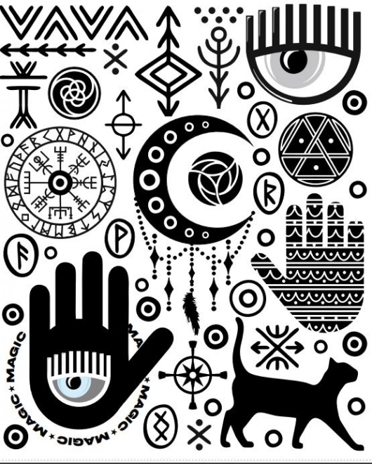 Naprasovatelné nášivky – mystické symboly, velký arch 20 × 30 cm