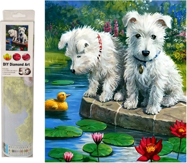Diamantová mozaika – pejskové u vody