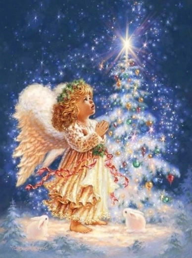 Diamantové malování Andílek u vánočního stromku 30 × 40 cm