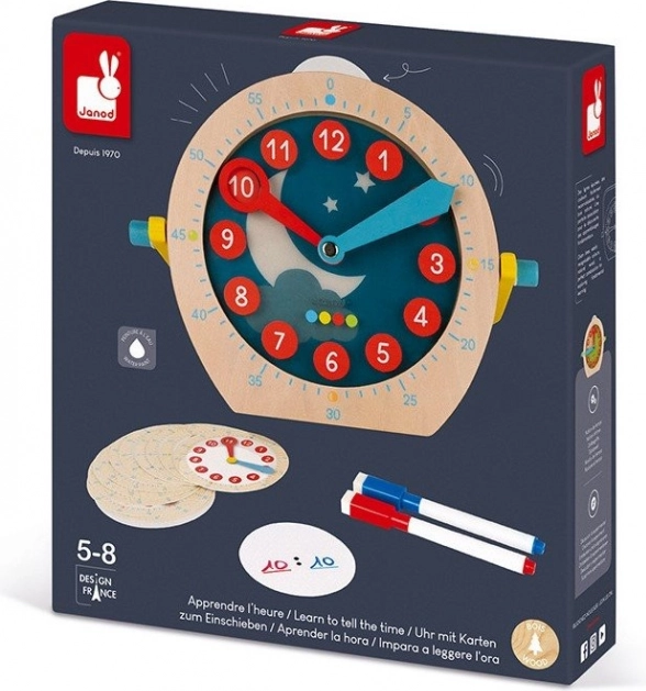 Janod dřevěné výukové hodiny se stíratelnými kartami