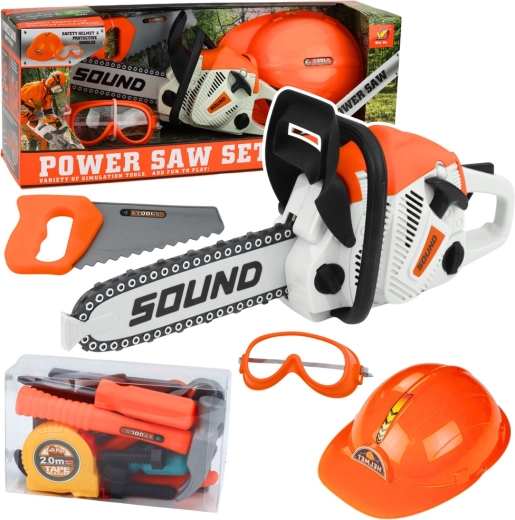 Dětská sada nářadí s motorovou pilou, přilbou a brýlemi se zvuky