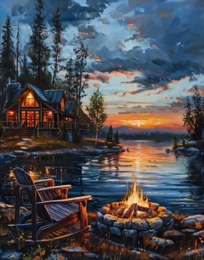 Norimpex diamantové malování táborák u jezera 30 × 40 cm