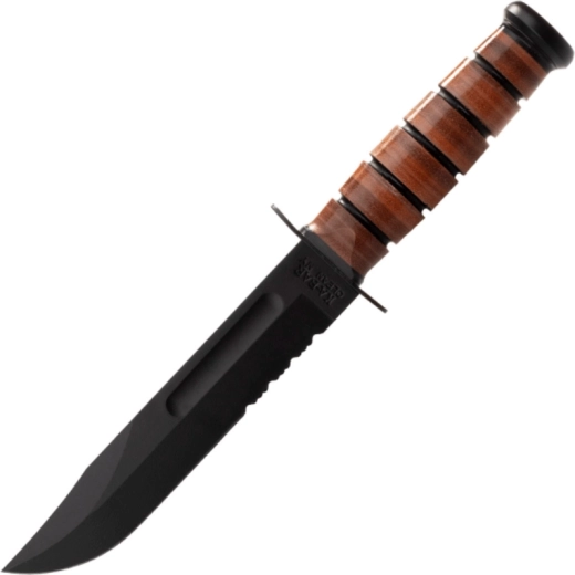 Taktický nůž KA-BAR USMC se zubatým ostřím, kožená rukojeť a pouzdro
