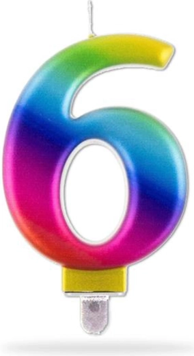 Duhová narozeninová svíčka číslo 6 na dort, 7,5 cm