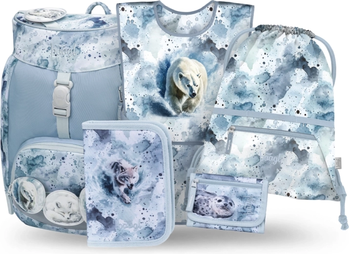 Školní set BAAGL Airy Polar 5 dílů: batoh, penál, sáček, zástěra a peněženka z recyklovaných materiálů