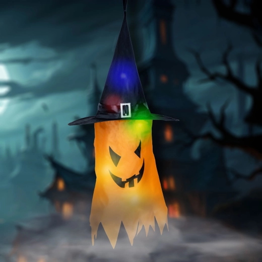 Halloweenská závěsná LED dekorace duch žlutá
