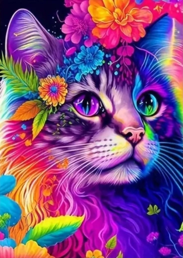 Diamantové malování barevná kočka s květinami 30 × 40 cm