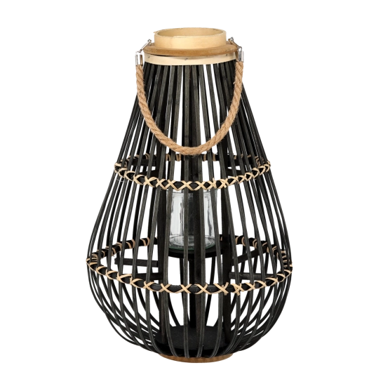 Dřevěný lampion se skleněnou vložkou, černý, 32 × 57 cm