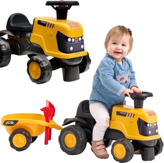 Odrážedlo traktor JCB Fastrac s přívěsem, lopatkou a hráběmi