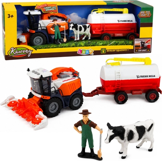 Kombajn s cisternou na mléko, figurkami farmáře a krávy se světly a zvuky (4 ks)