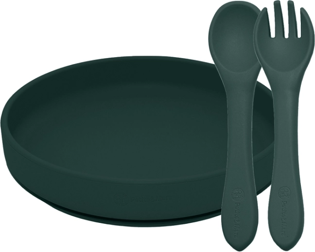 Petite&Mars dětský silikonový jídelní set TAKE&MATCH – talíř s přísavkou a příbor, Misty Green