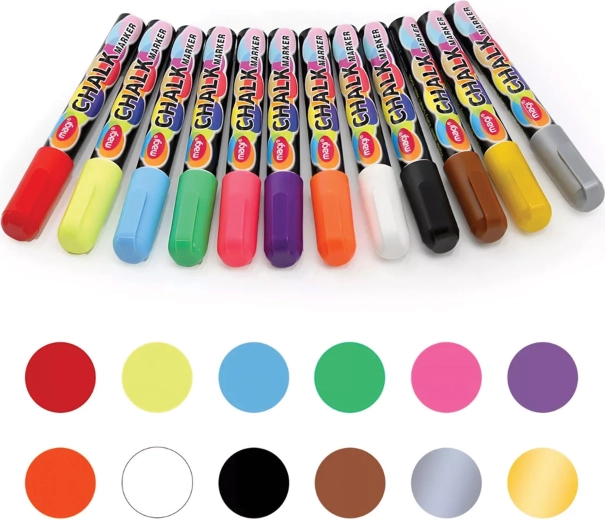 Sada tekutých křídových popisovačů na tabule a sklo, 12 barev, 6 mm