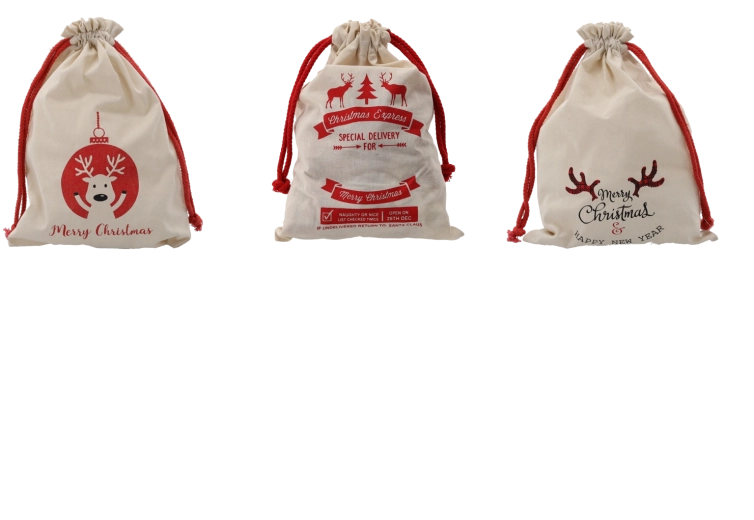 Vánoční dárkový pytlík z bavlny 28 × 40 cm, přírodní, mix vzorů (balení 15 ks)