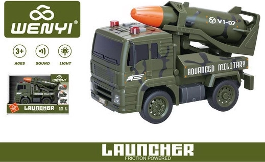 Vojenské auto s raketou na setrvačník, světelné a zvukové efekty, 19 cm