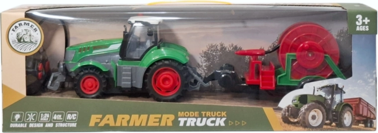 Radiově ovládaný traktor s přívěsem a navijákem hadice, se světlem a nabíječkou