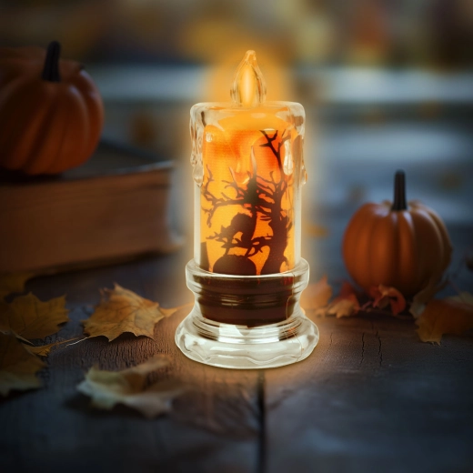 Halloweenská LED svíčka s netopýrem a oranžovým světlem