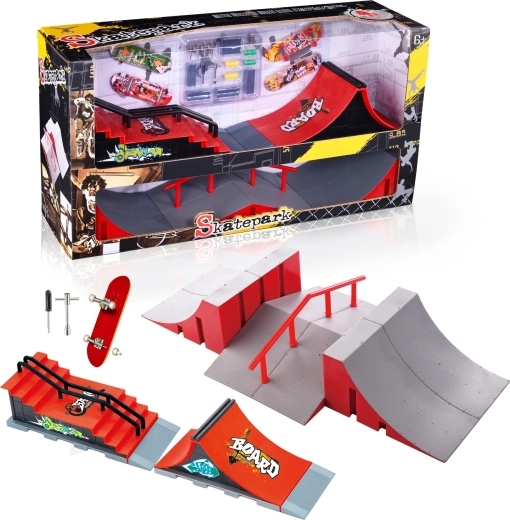 Fingerboard skatepark set xl se schodištěm, zábradlím a 2 fingerboardy
