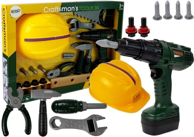 Dětská sada nářadí s bateriovou vrtačkou a přilbou