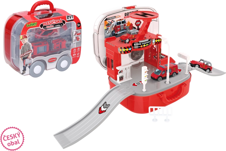 Hasičská stanice v kufříku s auty a vrtulníkem