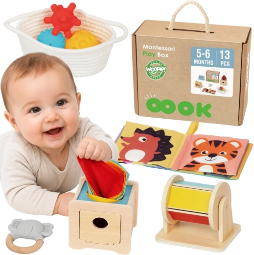 Woopie Green Montessori smyslový box 6 v 1 pro děti od 5 do 6 měsíců - 13 ks