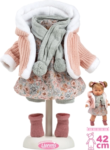 Obleček pro panenku 42 cm – růžový pletený set s šálou a sukní