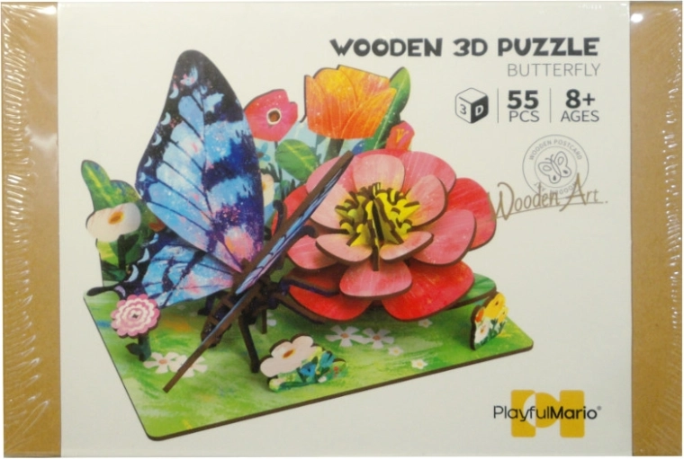 Dřevěné 3D puzzle DIY – louka s motýlem a květinami