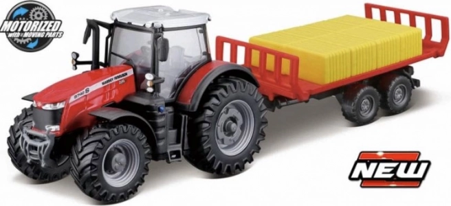 Bburago farmářský traktor Massey Ferguson 8740 S s přívěsem na balíky 10 cm