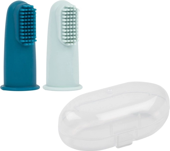 Nattou silikonový prstový kartáček s pouzdrem, petrol blue/aqua blue, 2 ks