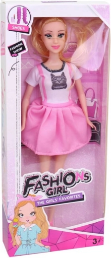 Fashion panenka 29 cm v růžových letních šatech s kočičkou