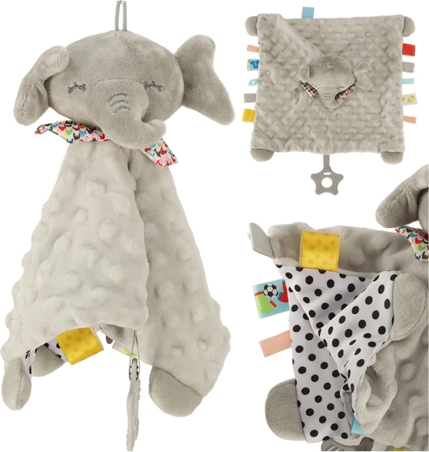 Senzorická hračka šustivý slon s barevnými visačkami