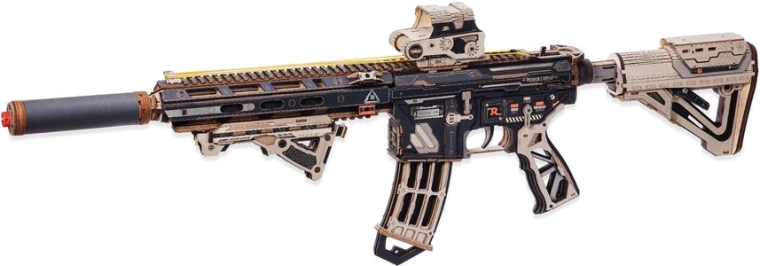 RoboTime ROKR 3D dřevěná skládačka puška na vystřelování gumiček M416 carbine
