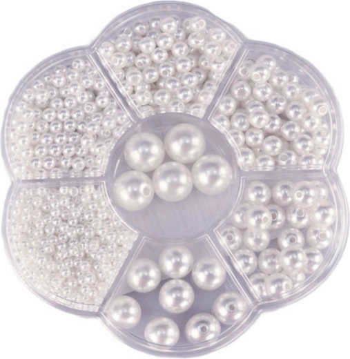 Navlékací korálky metalické bílé v boxu 1150 ks (3–12 mm)