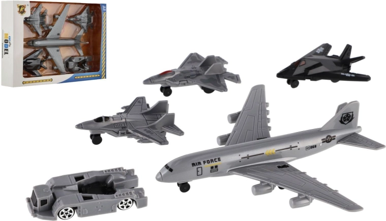 Sada vojenských letadel a vozidel 5 ks plast na setrvačník v krabičce 23 × 15,5 × 4 cm