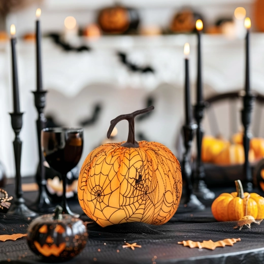Halloweenská dekorační dýně s pavučinou 16,5 cm