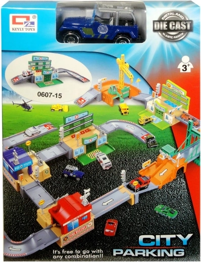Městské parkoviště s kovovým autíčkem a doplňky