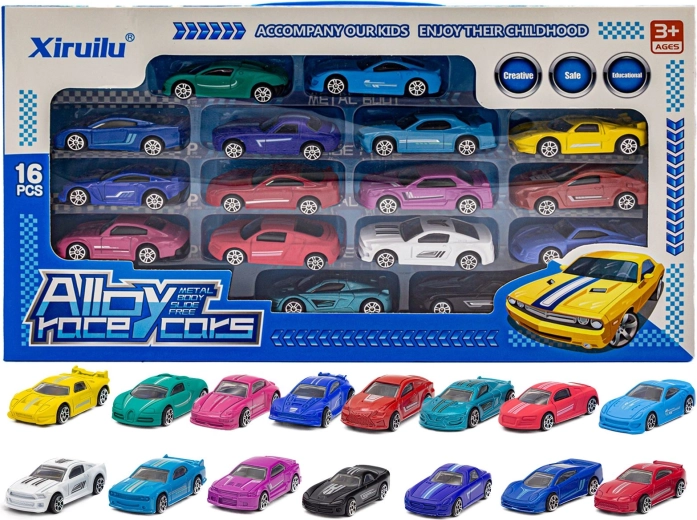 Sada kovových autíček resoráků – 16 kusů
