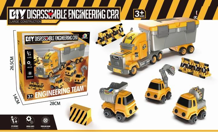 Nákladní kontejnerový tahač se stavebními vozidly