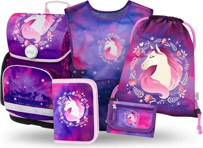 Baagl školní set 5 dílů Ergo Kůň – aktovka, penál, sáček na obuv, zástěra a peněženka