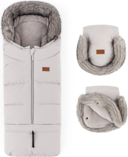 Petite&Mars zimní set: fusak Arctic 4v1 + rukavice na kočárek Furry, barva champagne shower