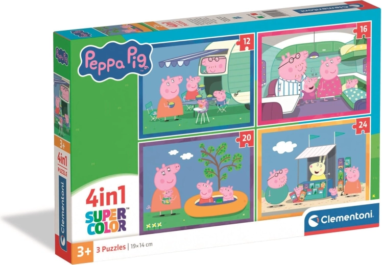 Puzzle CLEMENTONI Prasátko PEPPA 4v1 – cestování (12, 16, 20, 24 dílků)