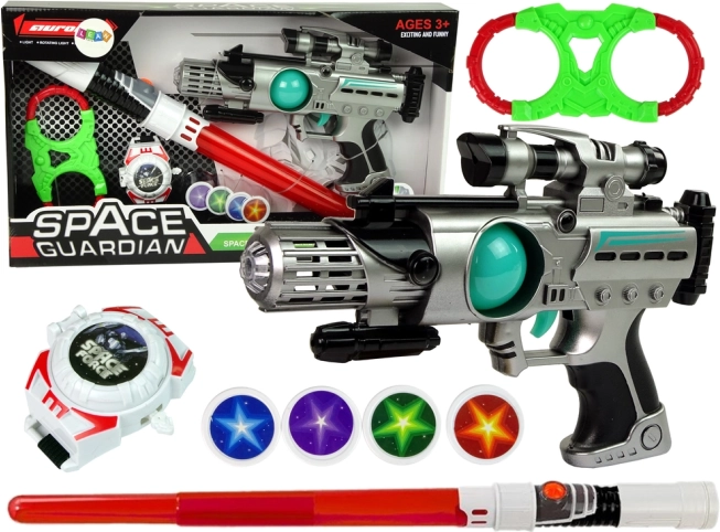 Sada vesmírných zbraní Space Guardian s laserovou pistolí a mečem