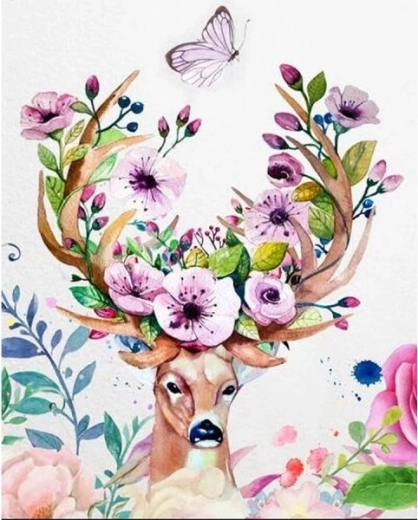 Diamantové malování – jelen s květinovým parožím 30 × 40 cm
