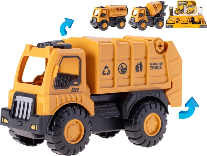 Sada stavebních vozidel na setrvačník 15 cm, plast, 9 ks v displeji