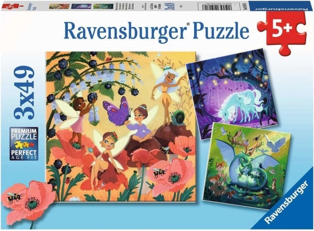 Ravensburger puzzle víly, drak a jednorožec – 3×49 dílků