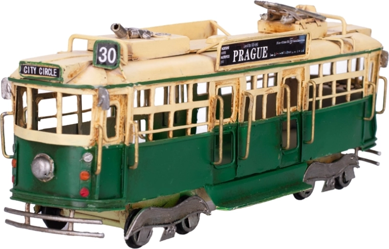 Kovový model tramvaje Prague – zelená vintage dekorace s volným chodem
