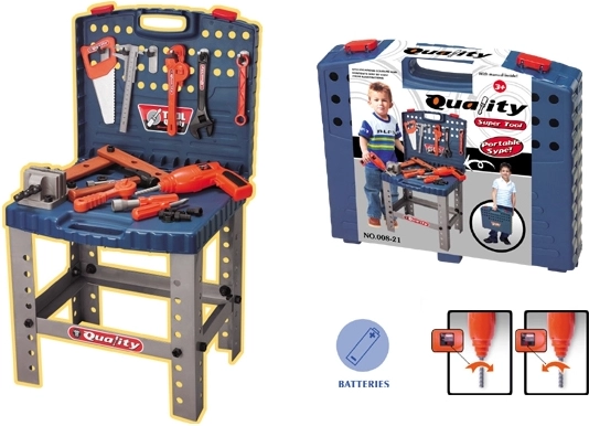 Dětský kufříkový dílenský stůl s nářadím a elektrickou vrtačkou